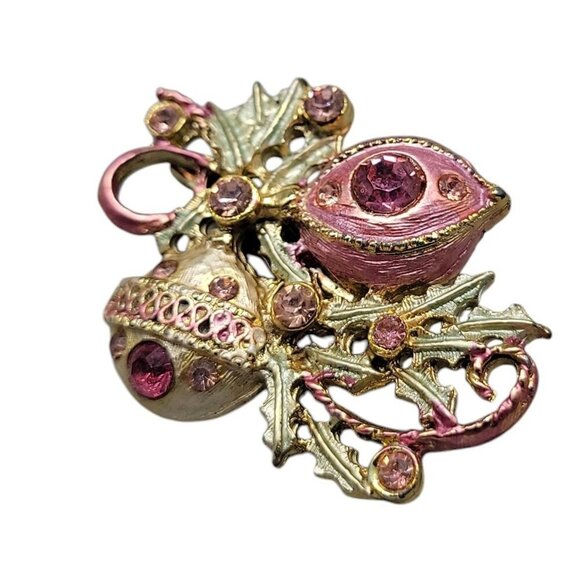 Christmas Ornament Brooch Pink & Gold Balls on Tree Branch Rhinestone Accents - Picture 2 of 7